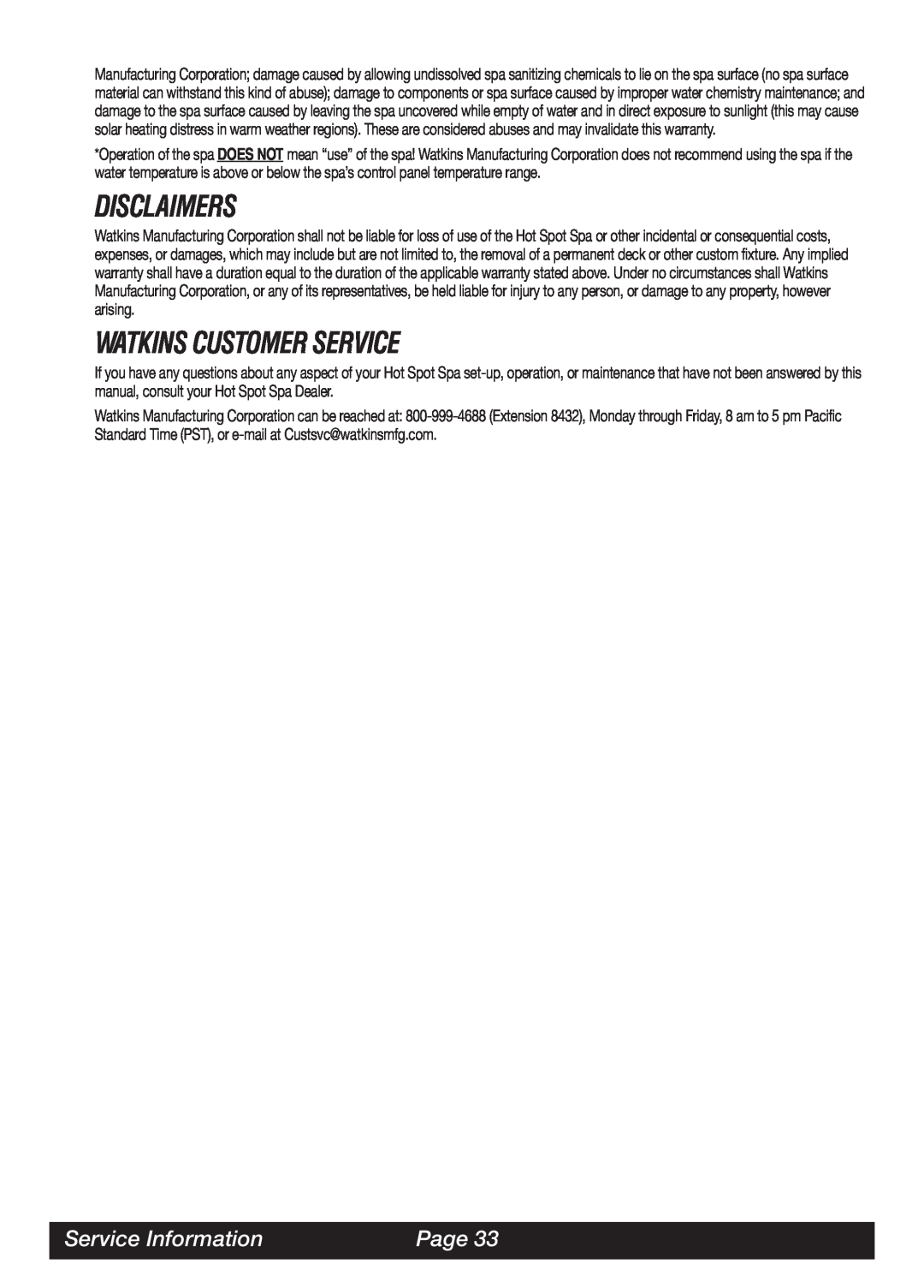 Watkins LAP, MAL, SOR, TRI manual Disclaimers, Watkins Customer Service, Service Information, Page 