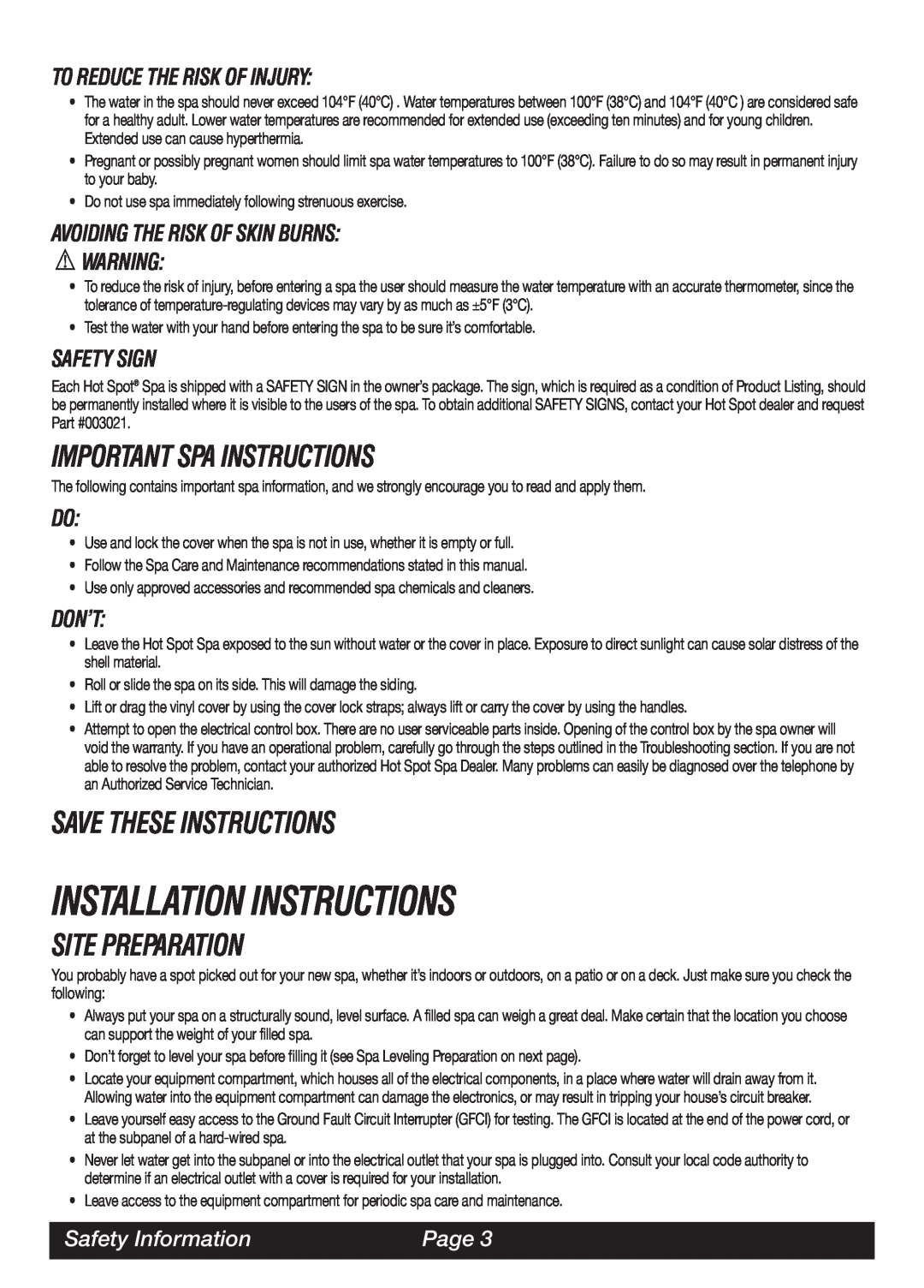 Watkins SOR Installation Instructions, Important Spa Instructions, Save These Instructions, Site Preparation, Safety Sign 