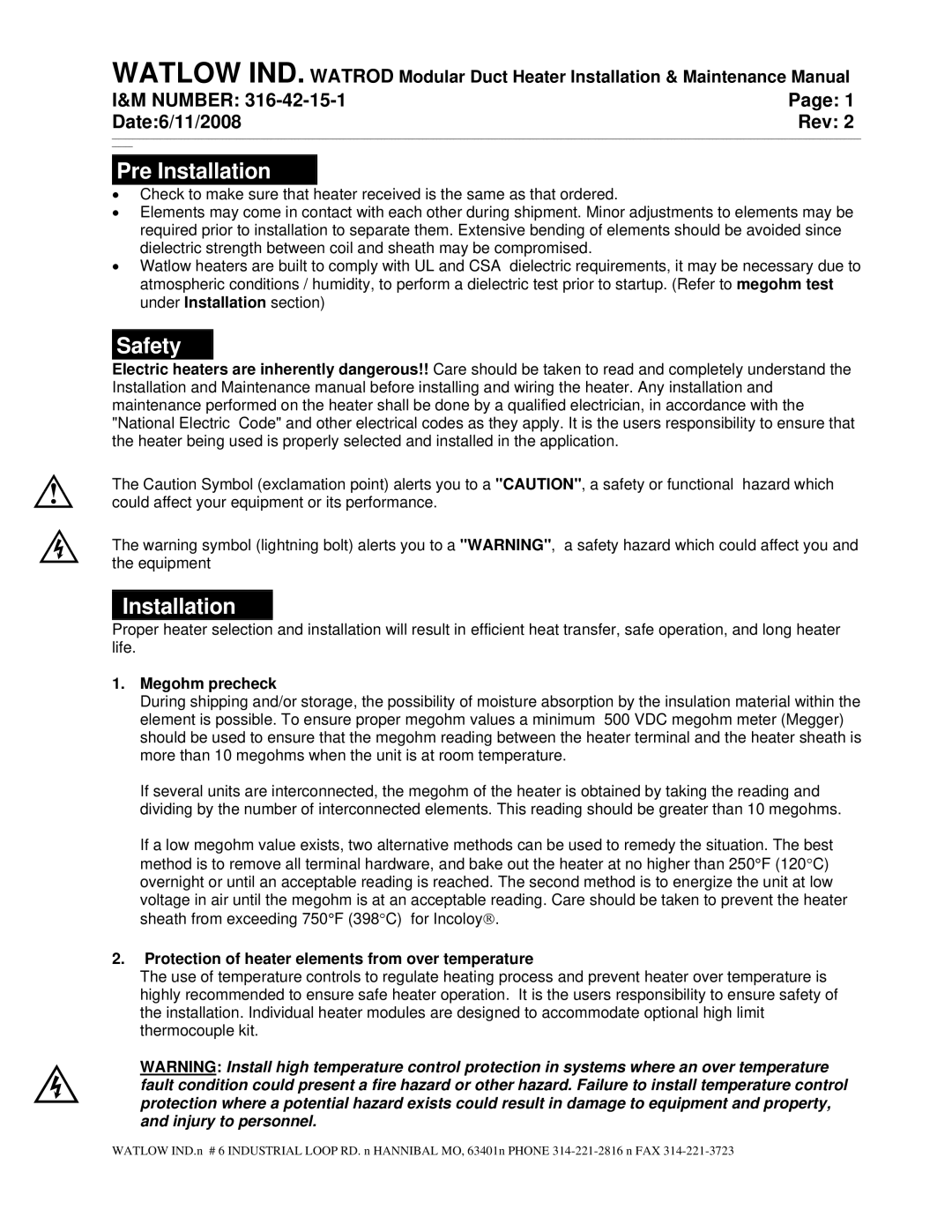 Watlow Electric 316-42-15-1 manual Pre Installation, Safety, Megohm precheck 