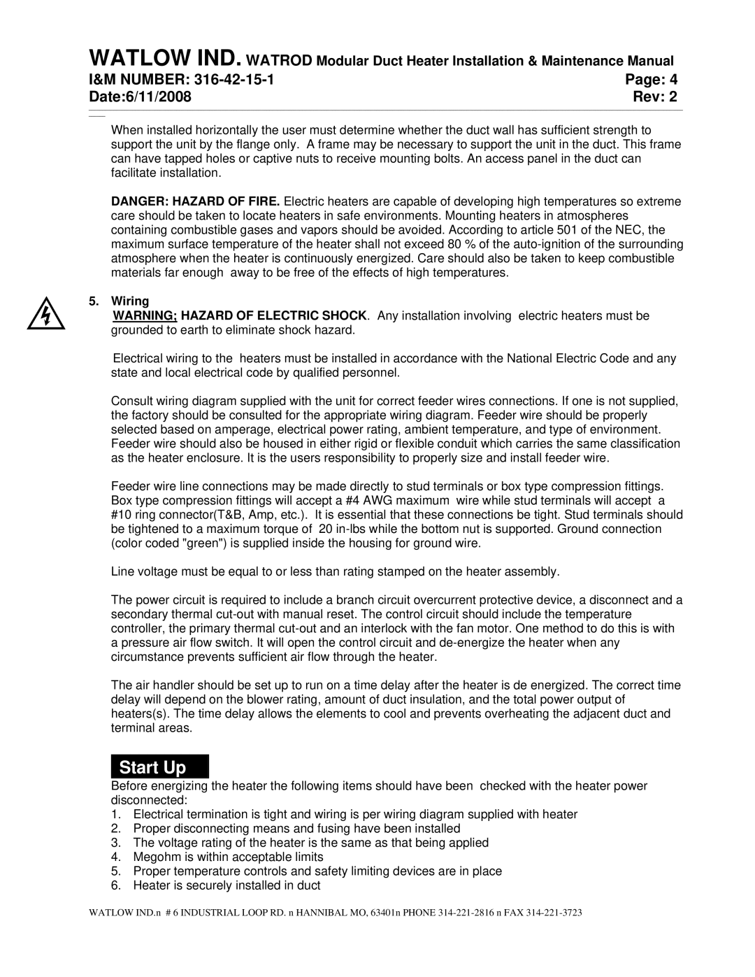 Watlow Electric 316-42-15-1 manual Start Up, Wiring 