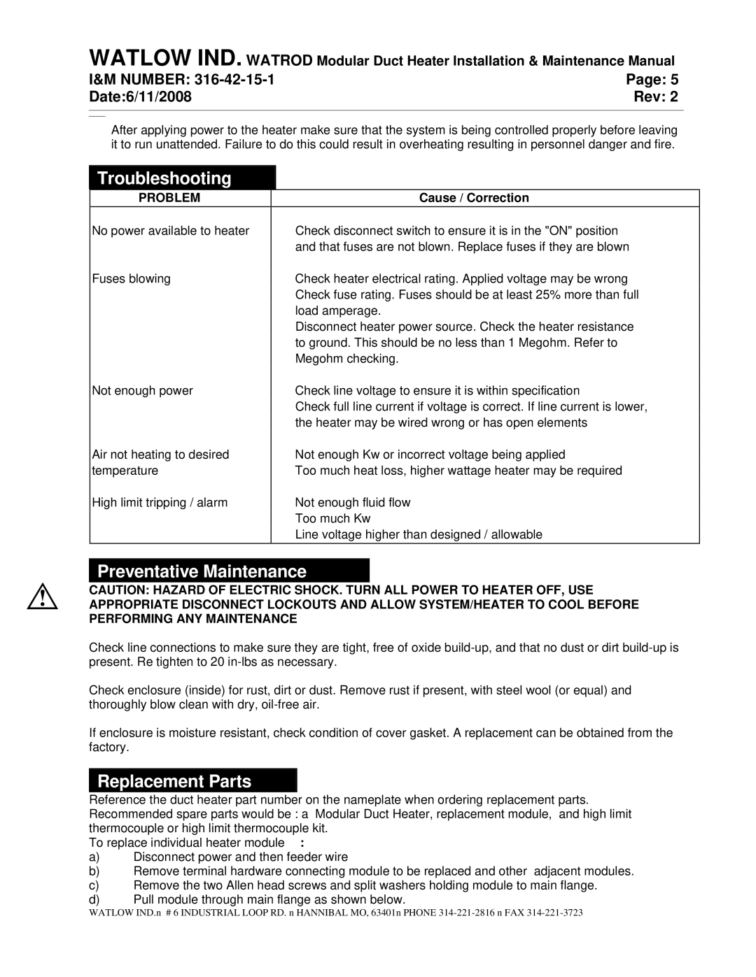 Watlow Electric 316-42-15-1 manual Troubleshooting, Preventative Maintenance, Replacement Parts, Problem 