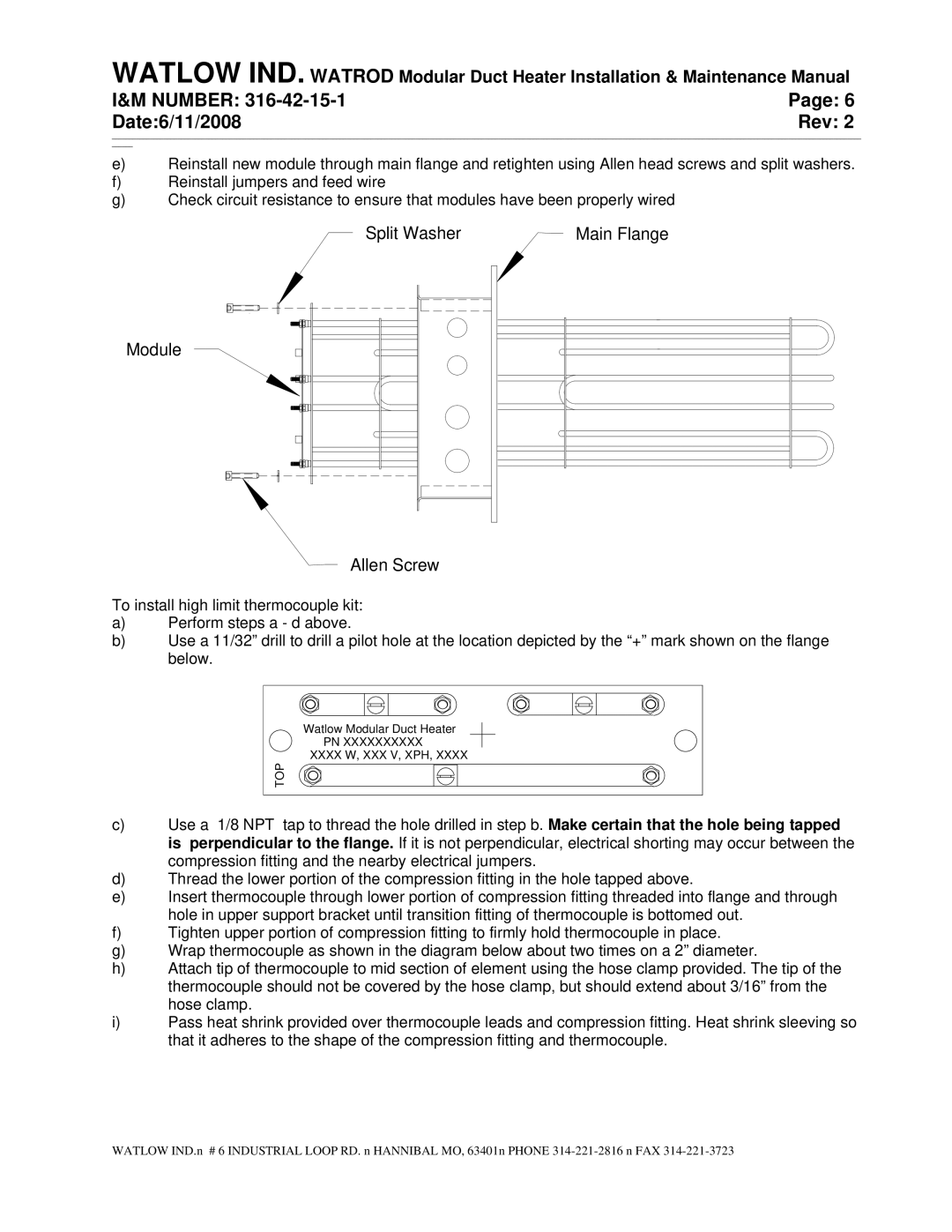 Watlow Electric 316-42-15-1 manual Split Washer Main Flange Module Allen Screw, To install high limit thermocouple kit 