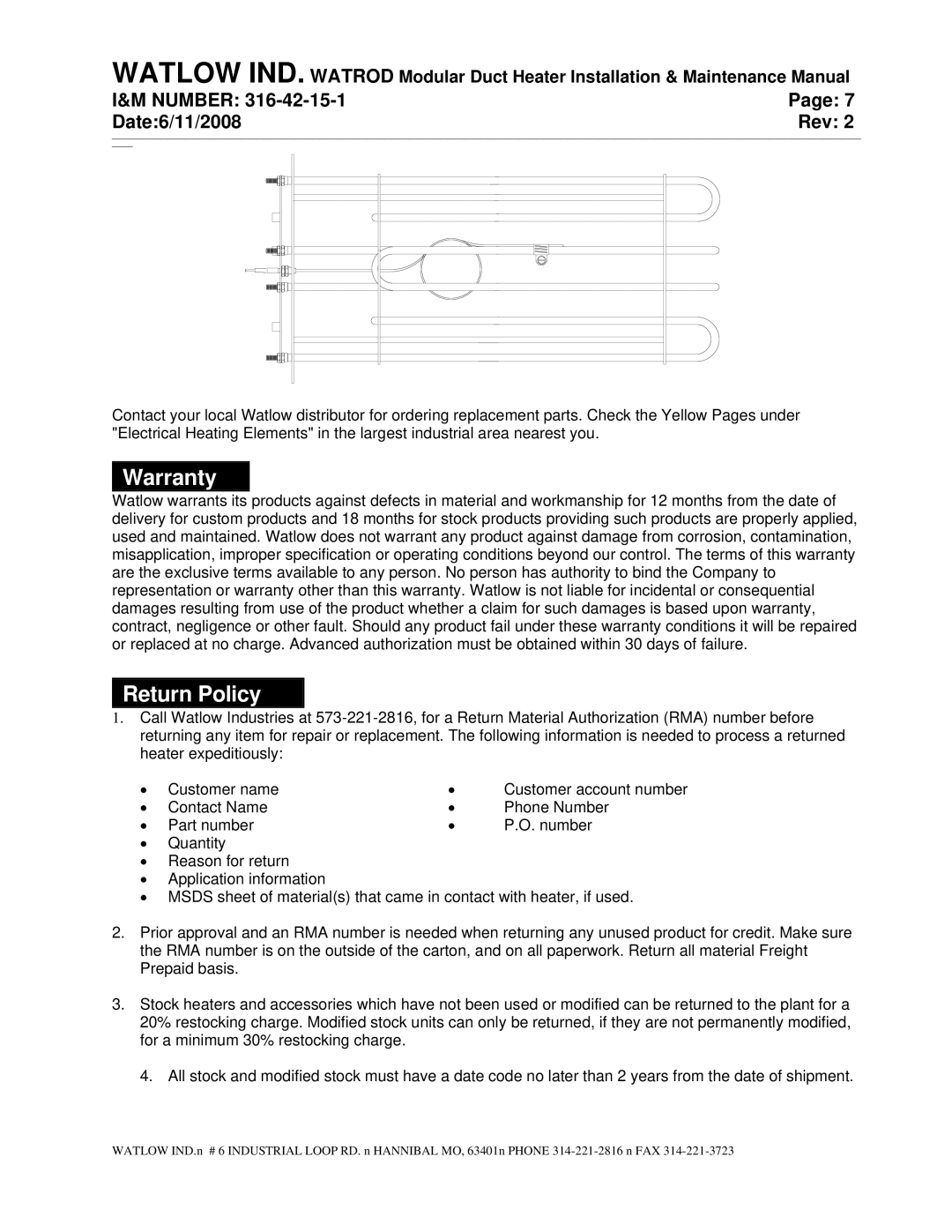 Watlow Electric 316-42-15-1 manual Warranty, Return Policy 