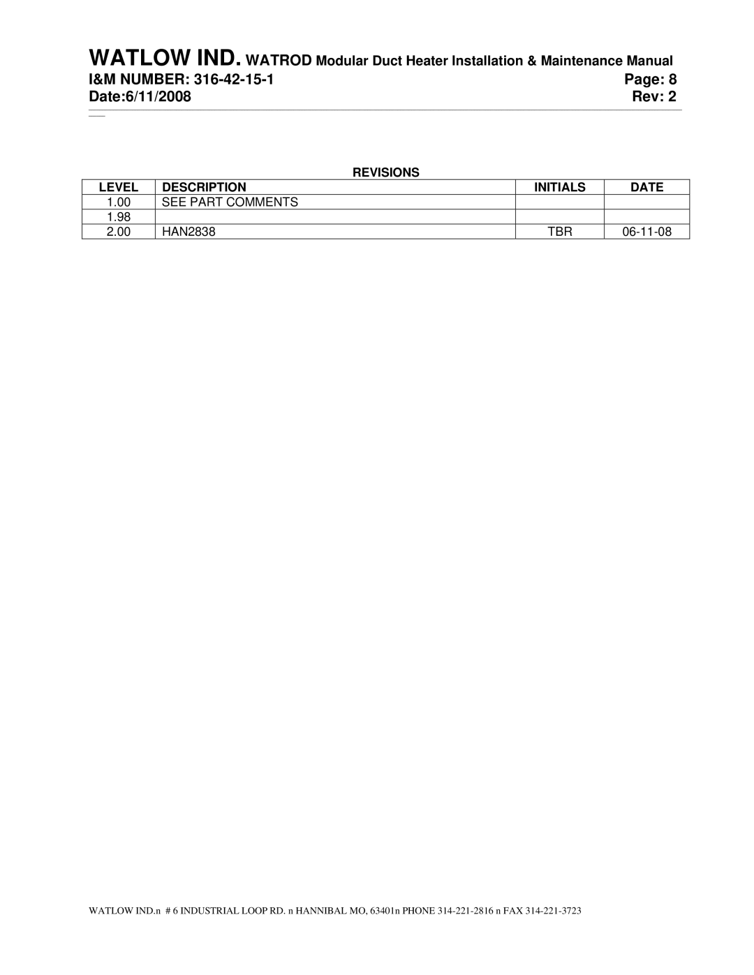 Watlow Electric 316-42-15-1 manual Revisions Level Description Initials Date, Tbr 