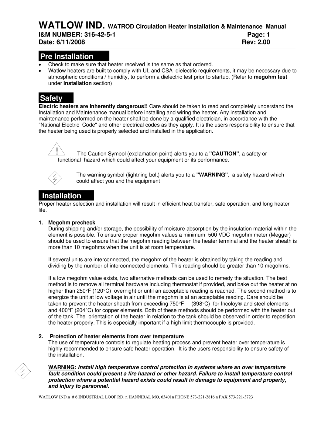 Watlow Electric 316-42-5-1 manual Pre Installation, Safety, Megohm precheck 