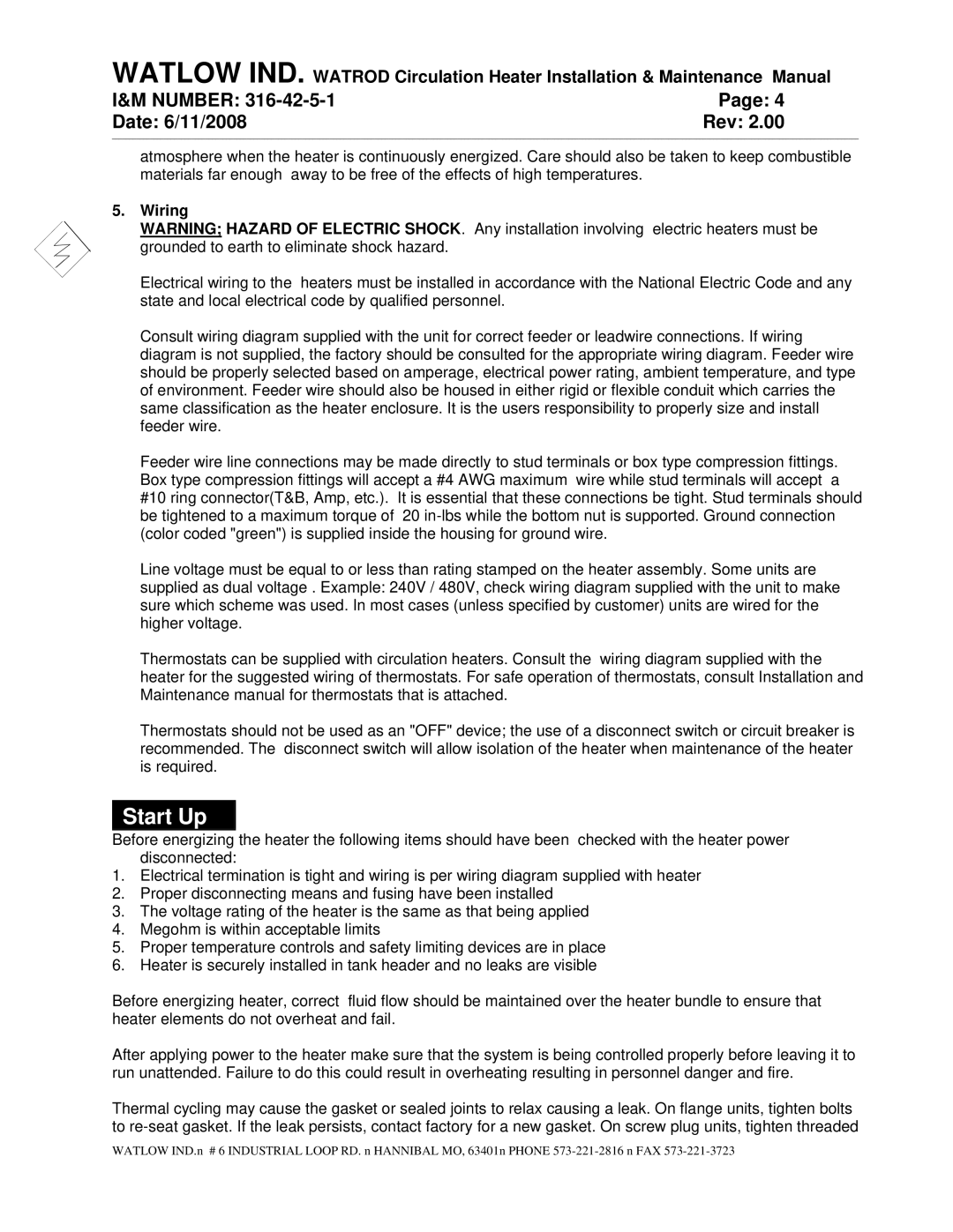 Watlow Electric 316-42-5-1 manual Start Up, Wiring 