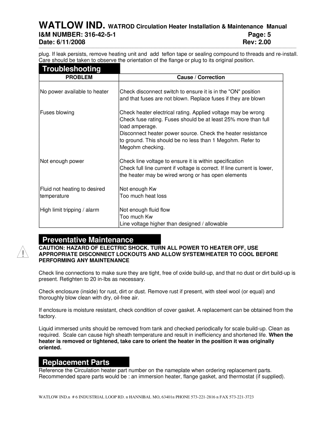 Watlow Electric 316-42-5-1 manual Troubleshooting, Preventative Maintenance, Replacement Parts, Problem, Cause / Correction 
