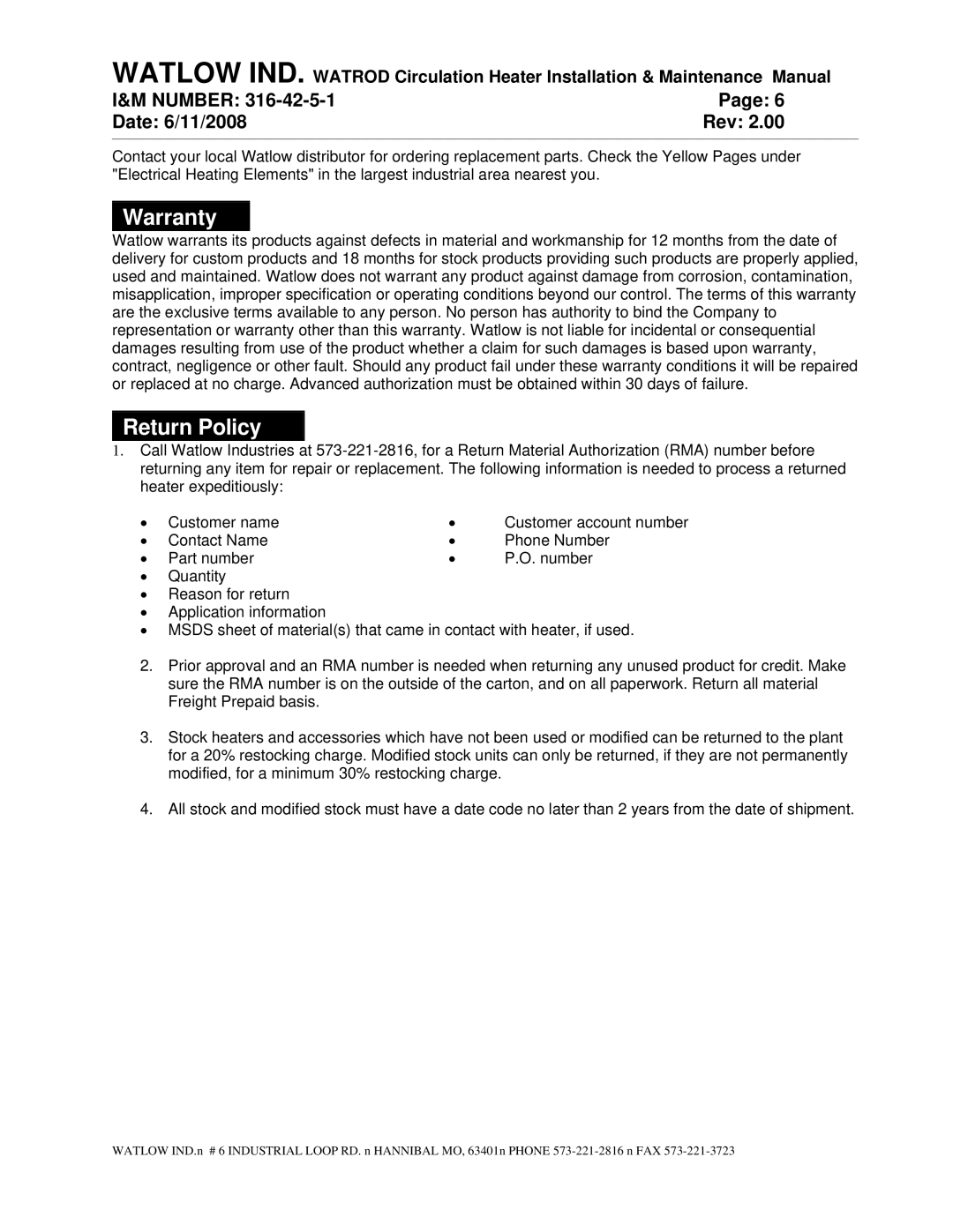 Watlow Electric 316-42-5-1 manual Warranty, Return Policy 