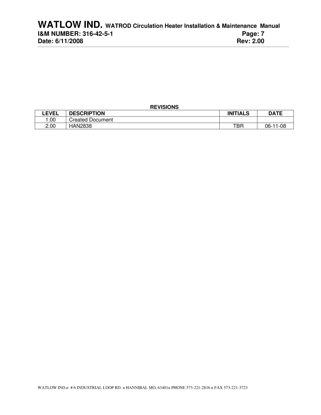 Watlow Electric 316-42-5-1 manual Revisions Level Description Initials Date, Tbr 