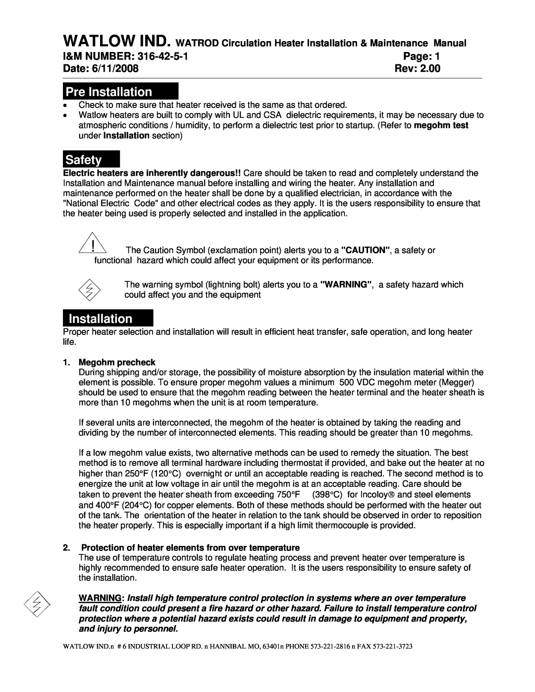 Watlow Electric 316-42-5-1 manual Pre Installation, Safety, I&M Number, Page, Date 6/11/2008, Rev, Megohm precheck 