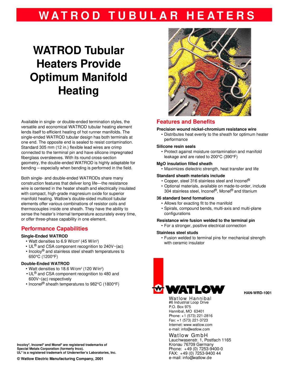 Watlow Electric Electric Tubular Heaters manual Performance Capabilities, Features and Benefits 