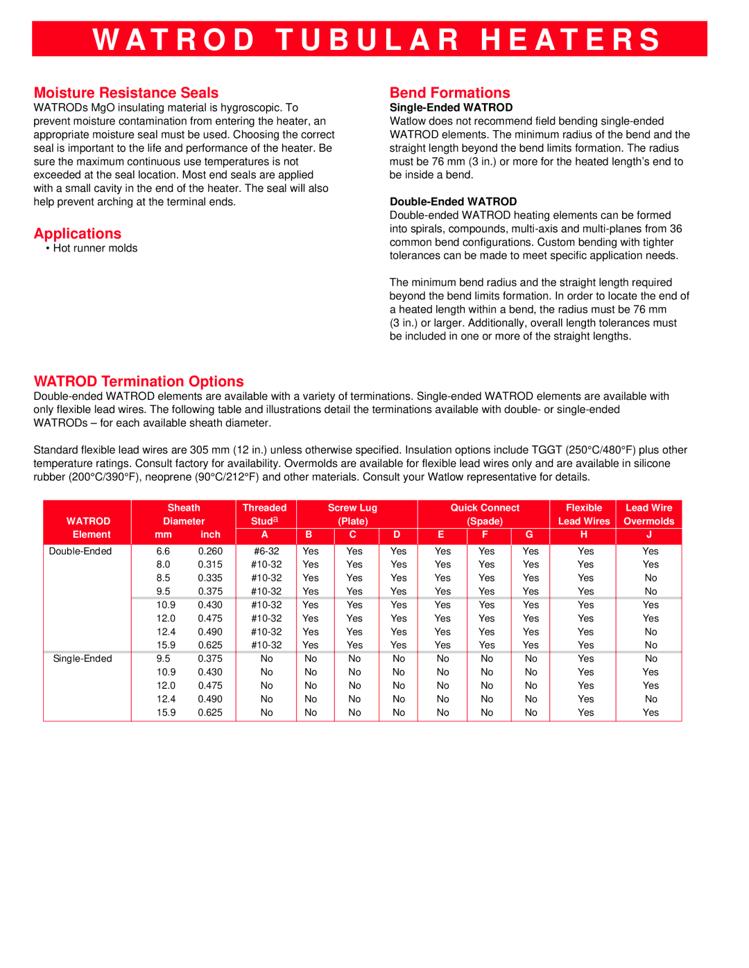 Watlow Electric Electric Tubular Heaters manual Moisture Resistance Seals, Applications 