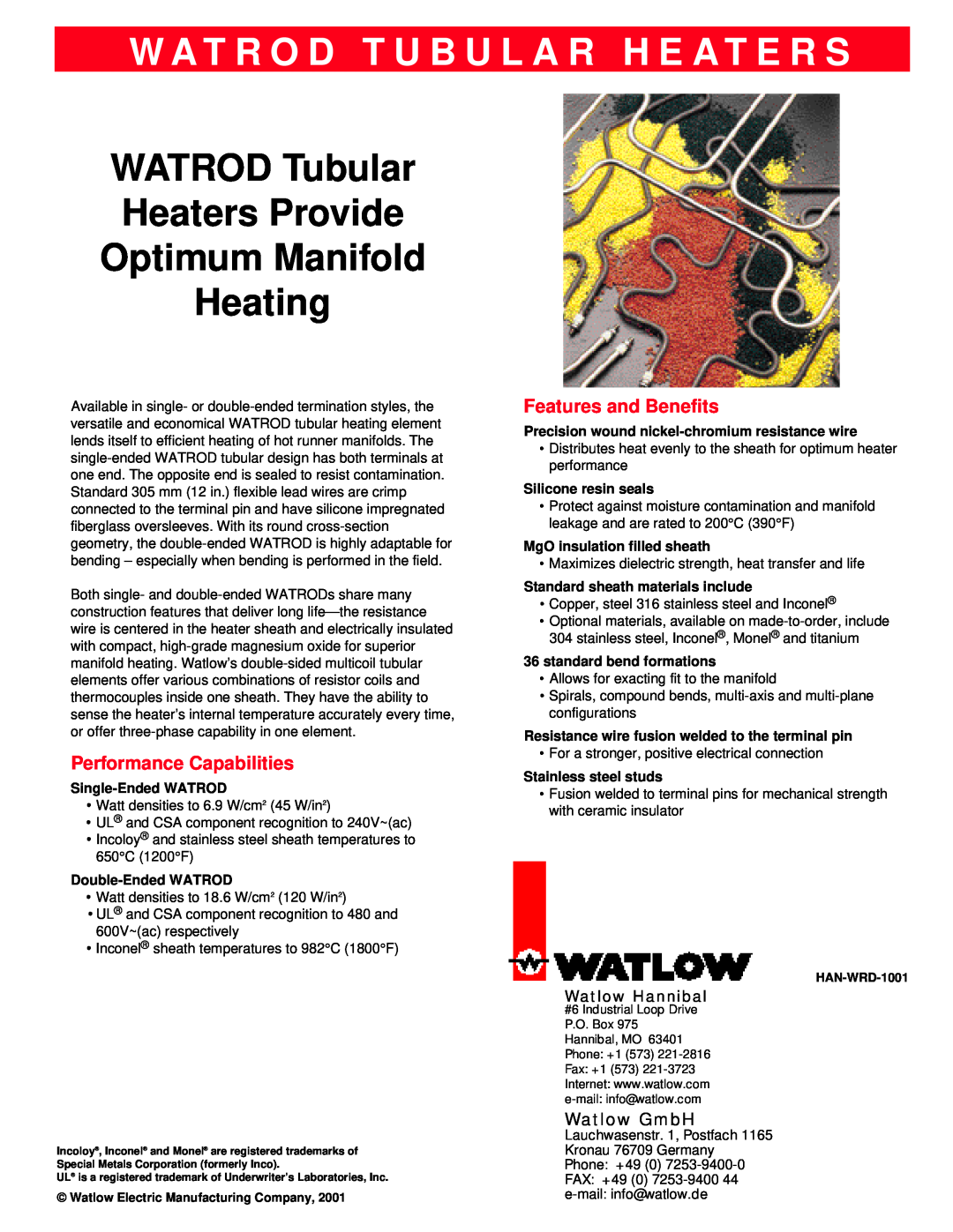 Watlow Electric Electric Tubular Heaters manual W A T R O D T U B U L A R H E A T E R S, Performance Capabilities 