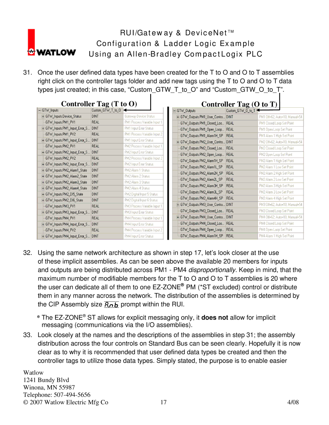 Watlow Electric Gateway & DeviceNet manual Controller Tag T to O Controller Tag O to T 