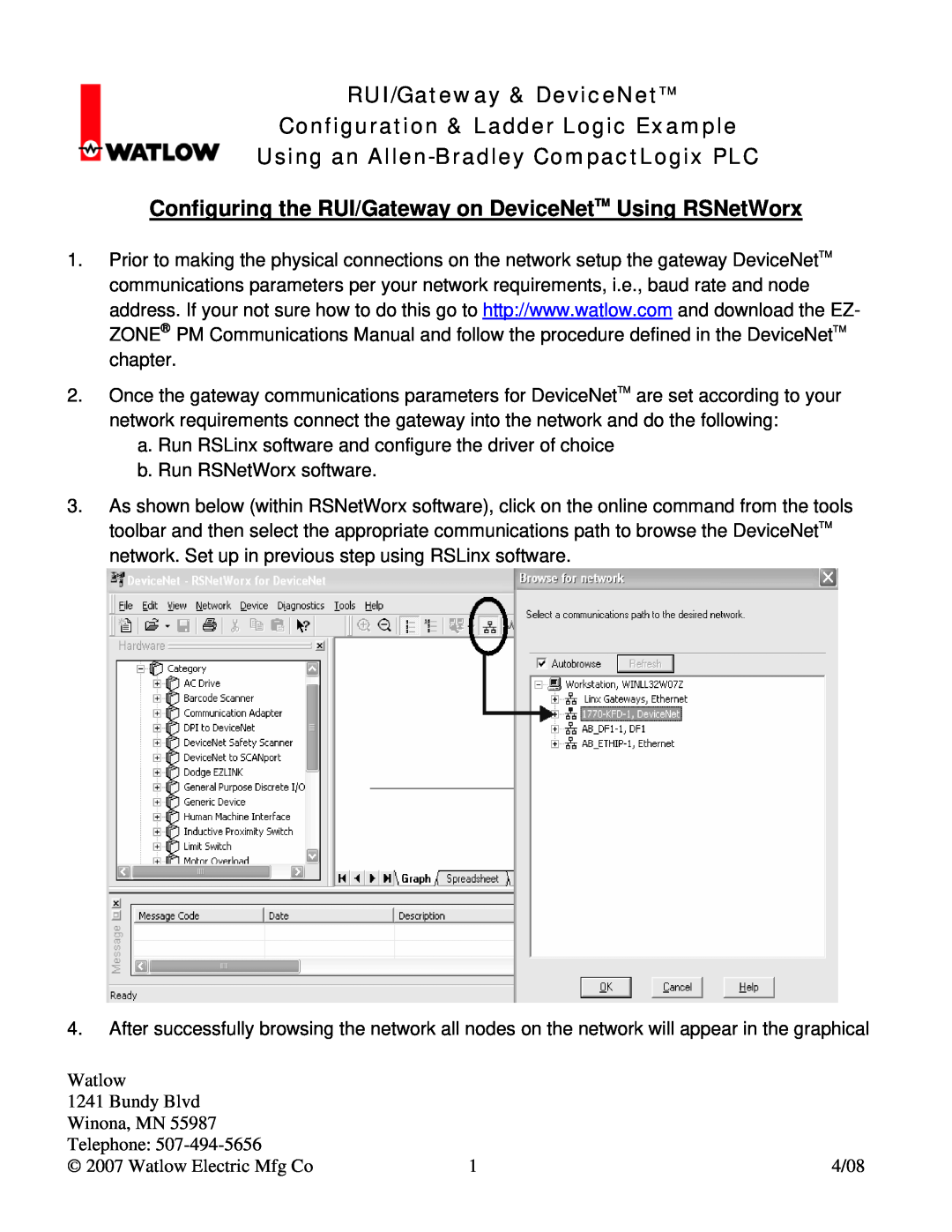 Watlow Electric manual RUI/Gateway & DeviceNetTM Configuration & Ladder Logic Example 