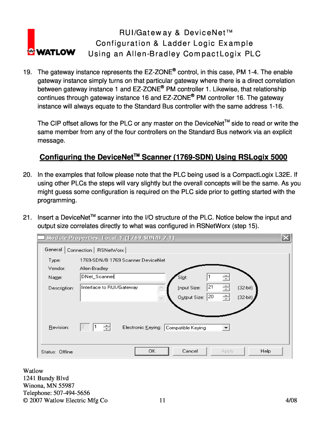 Watlow Electric Gateway & DeviceNet manual Configuring the DeviceNetTM Scanner 1769-SDN Using RSLogix 