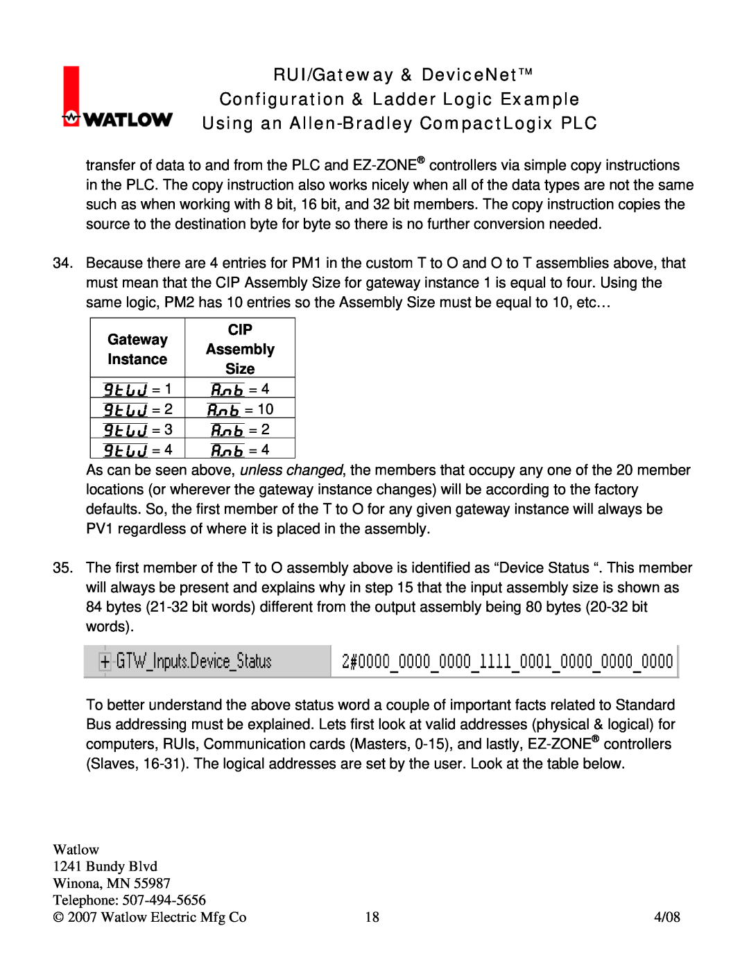 Watlow Electric manual Assembly, RUI/Gateway & DeviceNetTM Configuration & Ladder Logic Example 