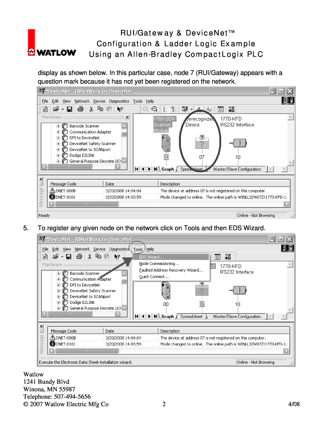 Watlow Electric RUI/Gateway & DeviceNetTM Configuration & Ladder Logic Example, Using an Allen-Bradley CompactLogix PLC 