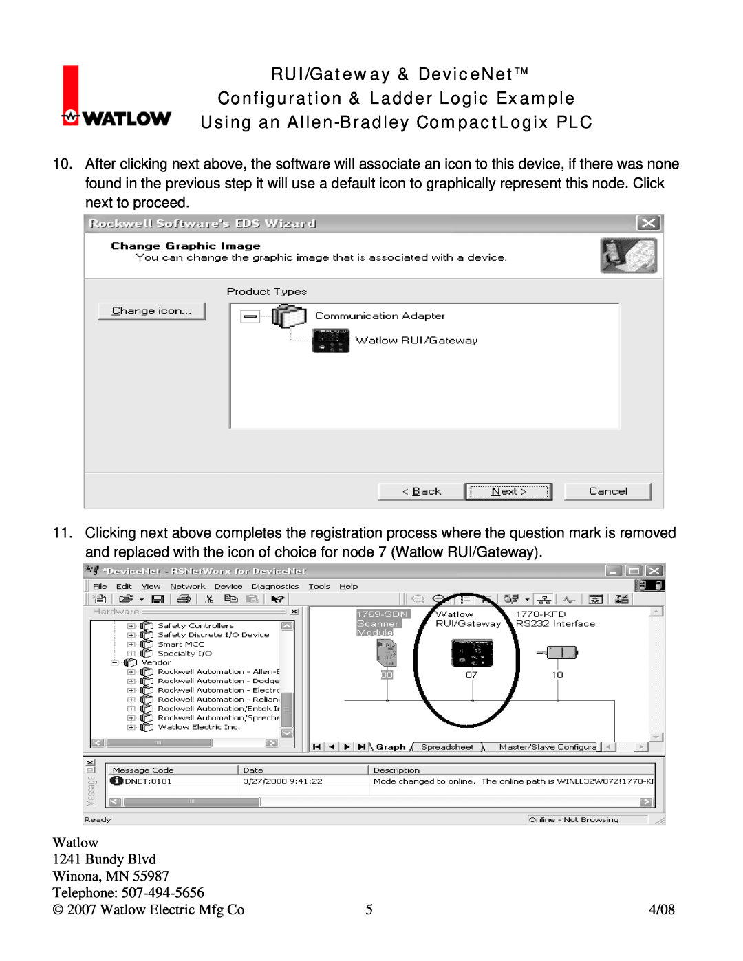 Watlow Electric RUI/Gateway & DeviceNetTM Configuration & Ladder Logic Example, Using an Allen-Bradley CompactLogix PLC 