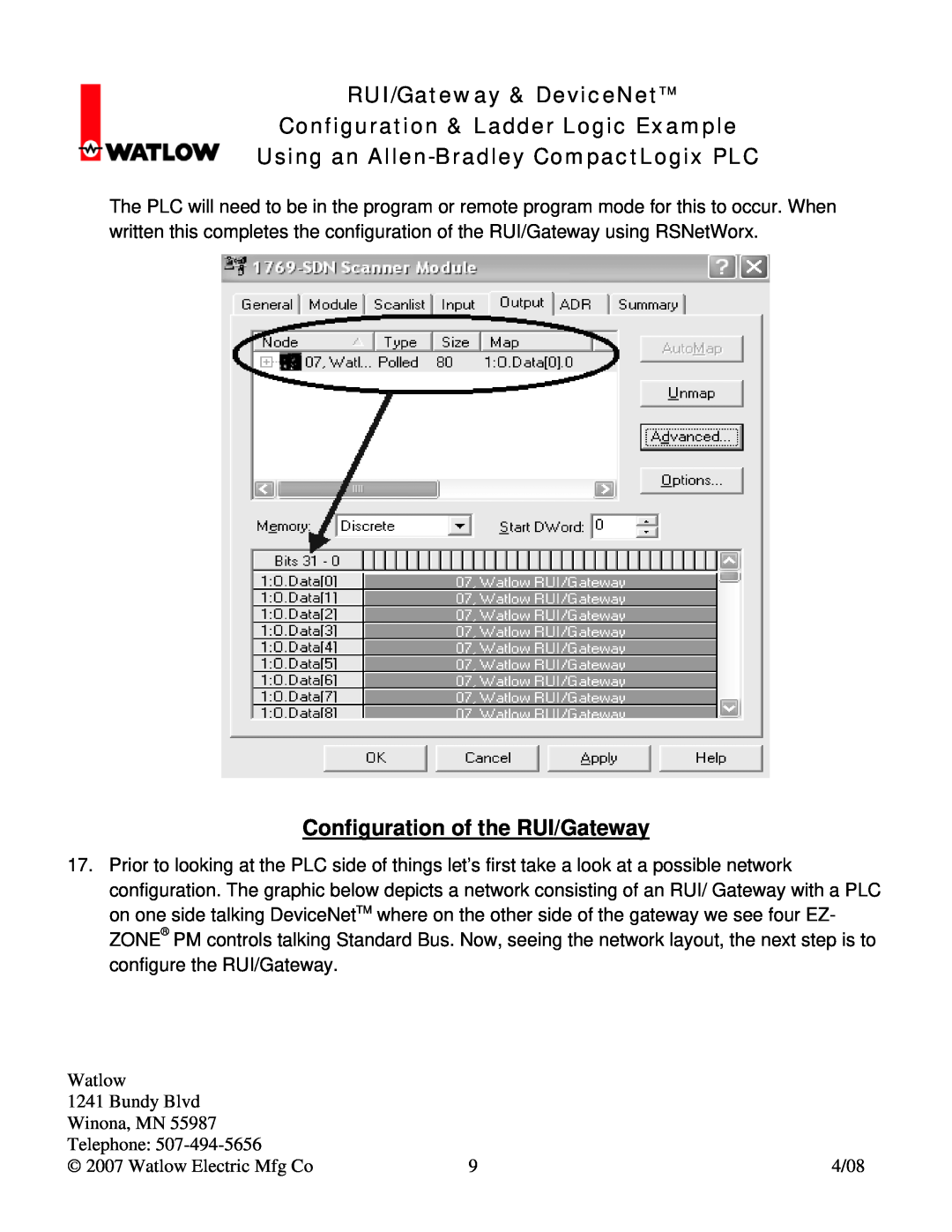 Watlow Electric Gateway & DeviceNet manual Configuration of the RUI/Gateway, Using an Allen-Bradley CompactLogix PLC 