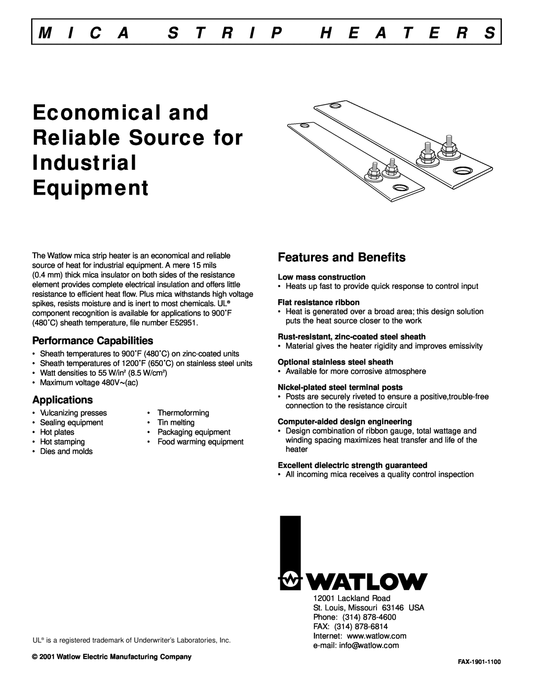 Watlow Electric Mica Strip Heater manual M I C A S T R I P H E A T E R S, Performance Capabilities, Applications 
