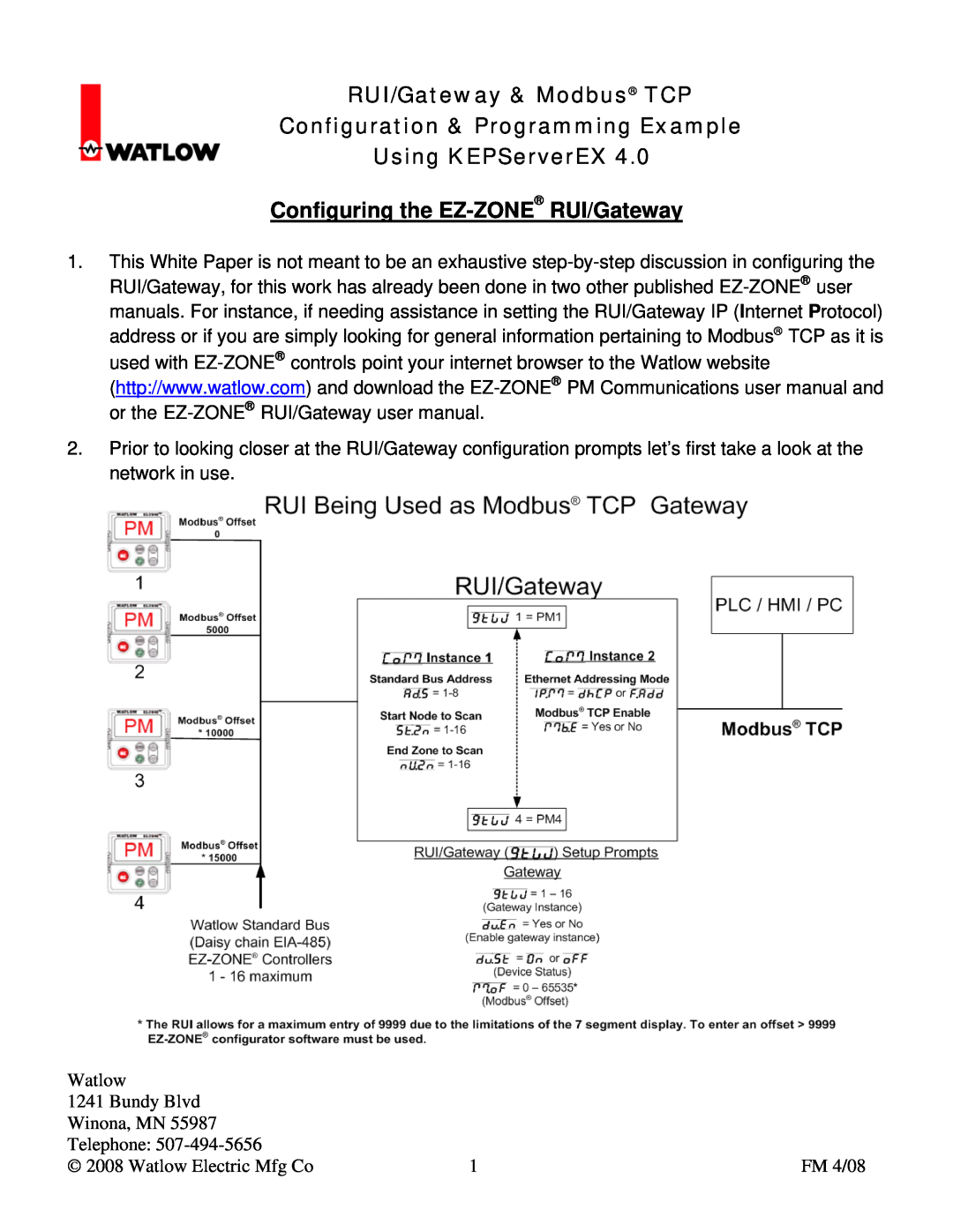 Watlow Electric user manual RUI/Gateway & Modbus TCP Configuration & Programming Example, Watlow, Bundy Blvd, Telephone 