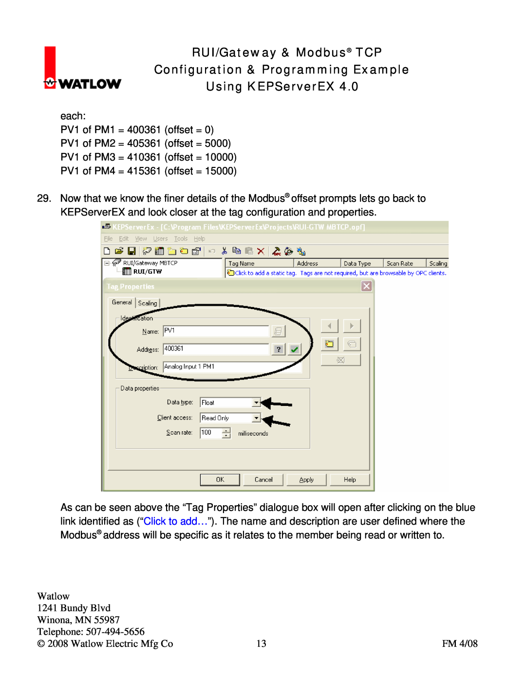 Watlow Electric user manual RUI/Gateway & Modbus TCP Configuration & Programming Example, Using KEPServerEX, each 