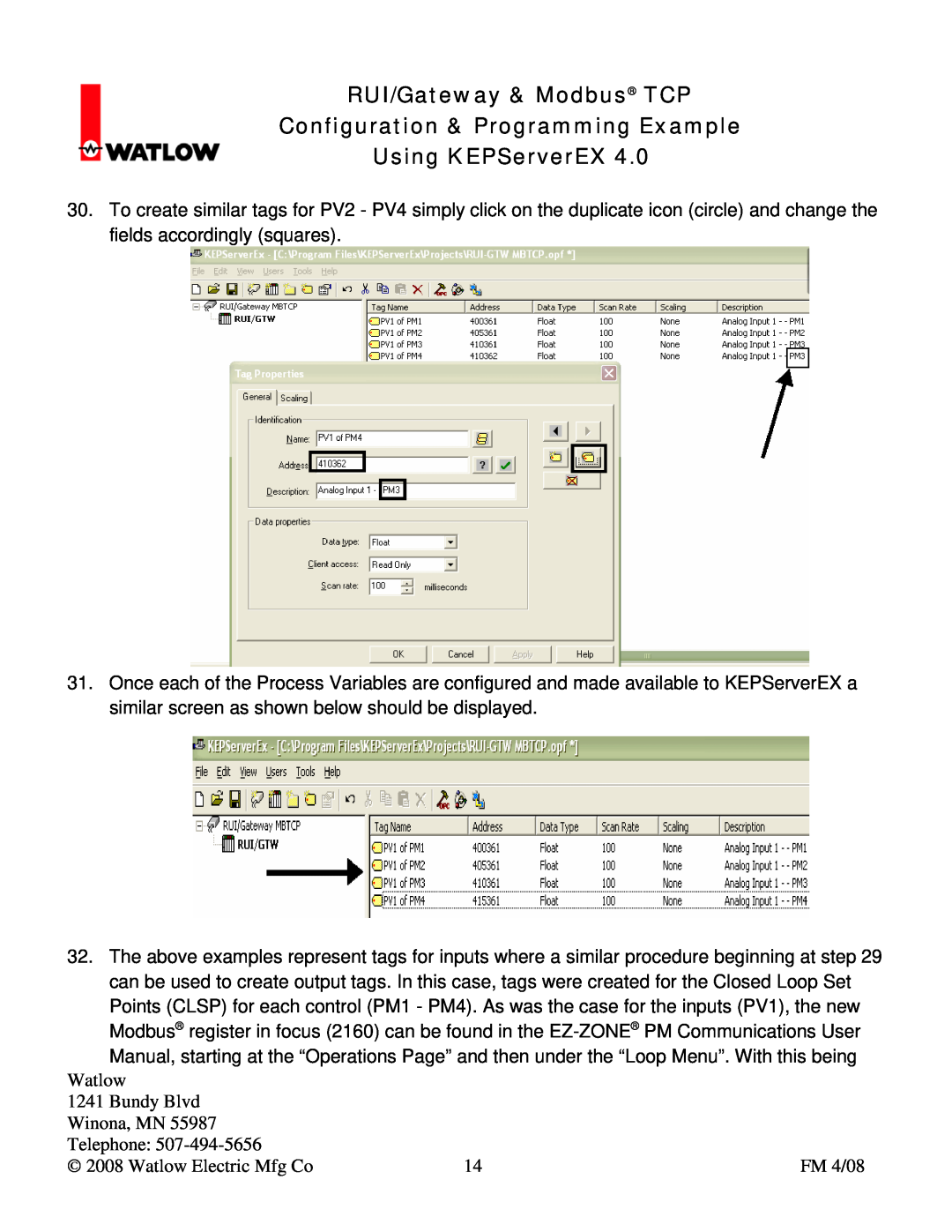 Watlow Electric user manual RUI/Gateway & Modbus TCP Configuration & Programming Example, Using KEPServerEX 