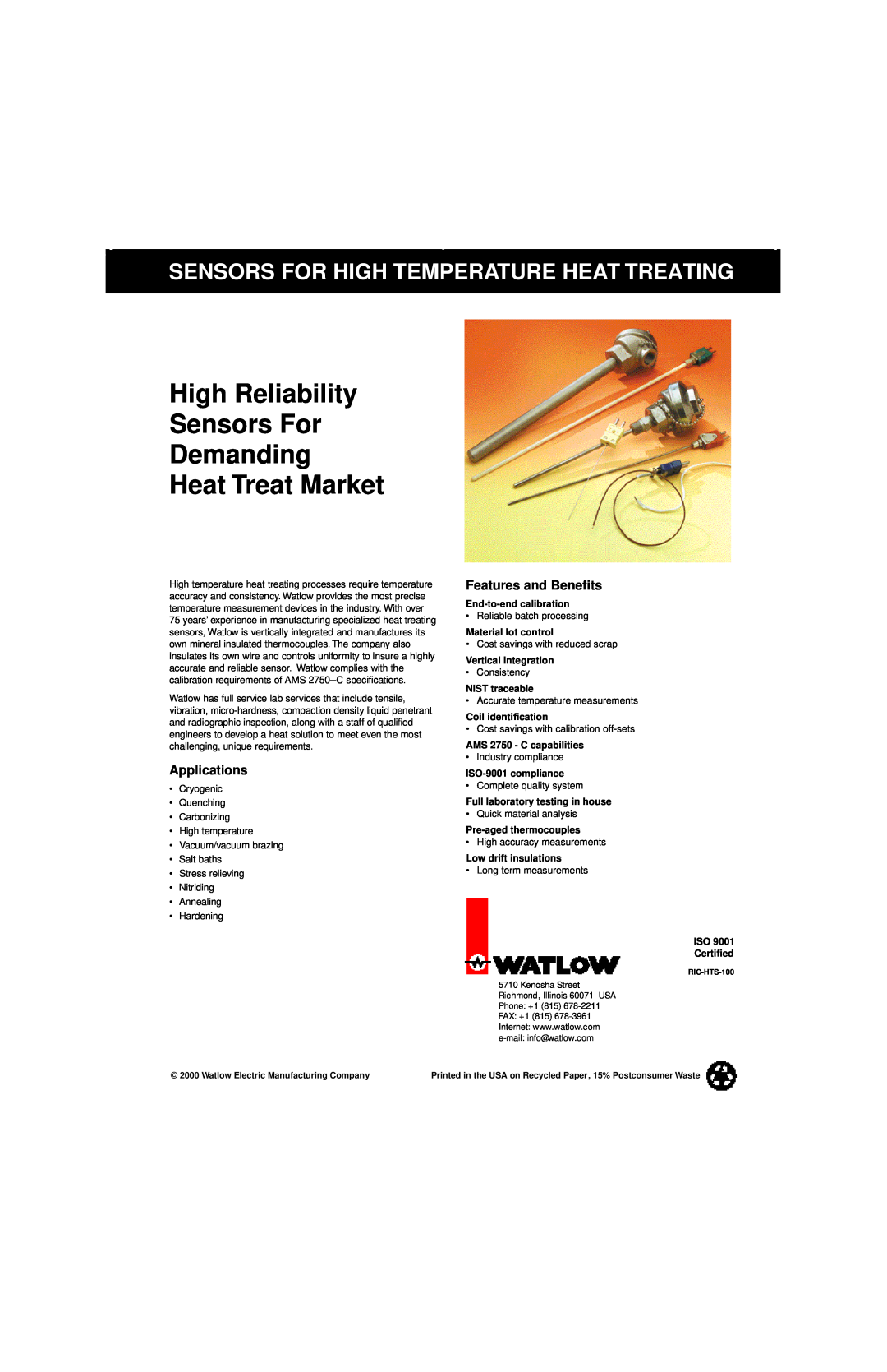 Watlow Electric Sensors For High Temperature Heat Treating manual Applications, Features and Beneﬁts 