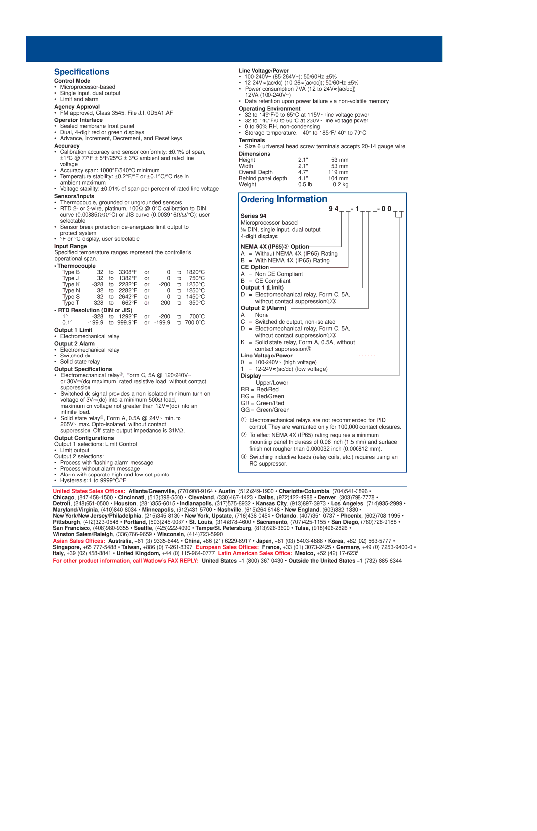 Watlow Electric Series 94 warranty Speciﬁcations 