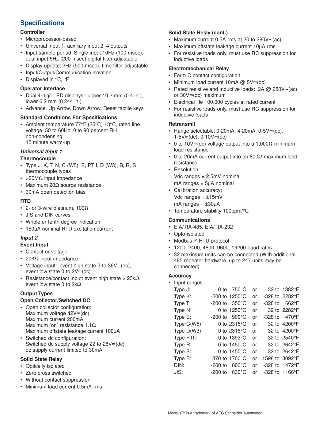 Watlow Electric Series 97 warranty Speciﬁcations 