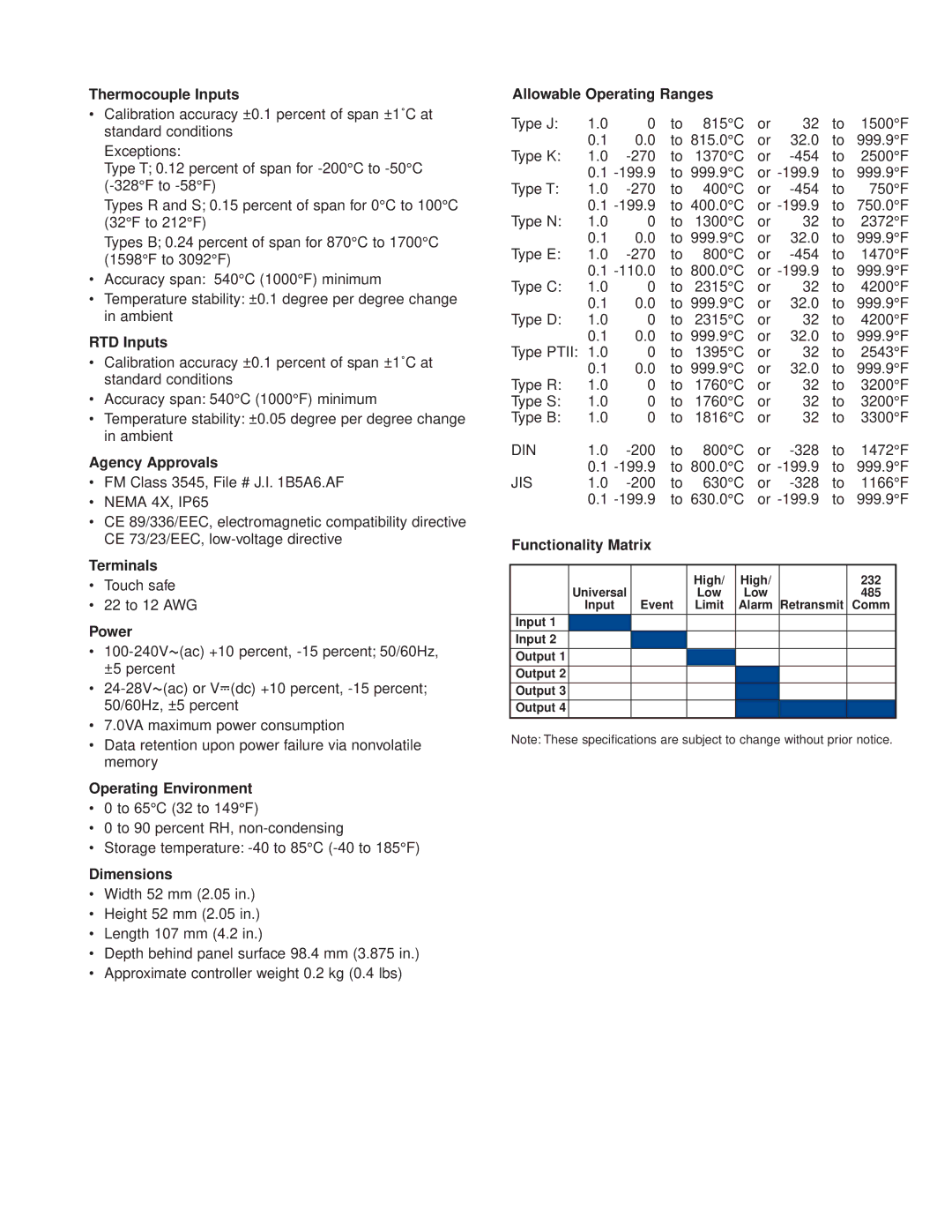 Watlow Electric Series 97 Thermocouple Inputs, RTD Inputs, Agency Approvals, Terminals, Power, Operating Environment 