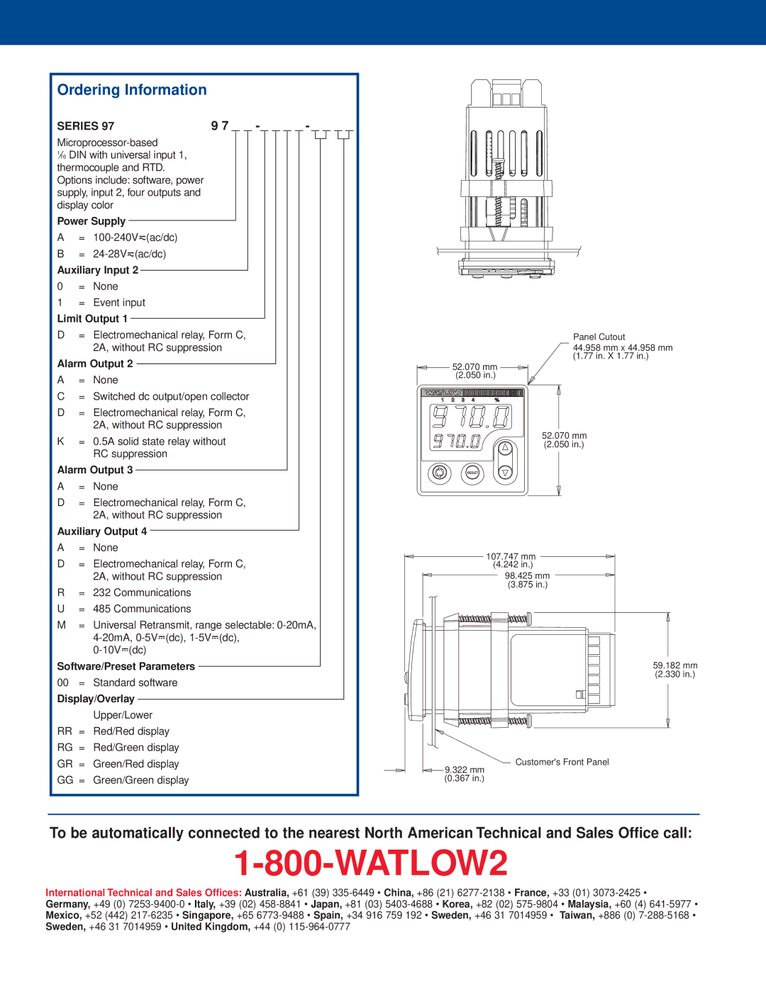 Watlow Electric Series 97 warranty Ordering Information 