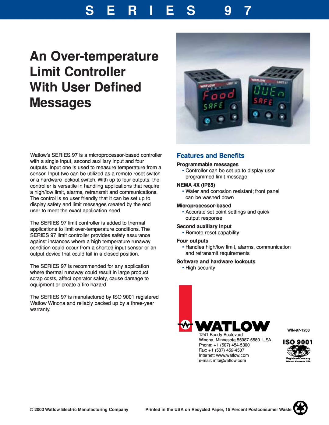 Watlow Electric Series 97 warranty Features and Beneﬁts, Programmable messages, NEMA 4X IP65, Microprocessor-based 
