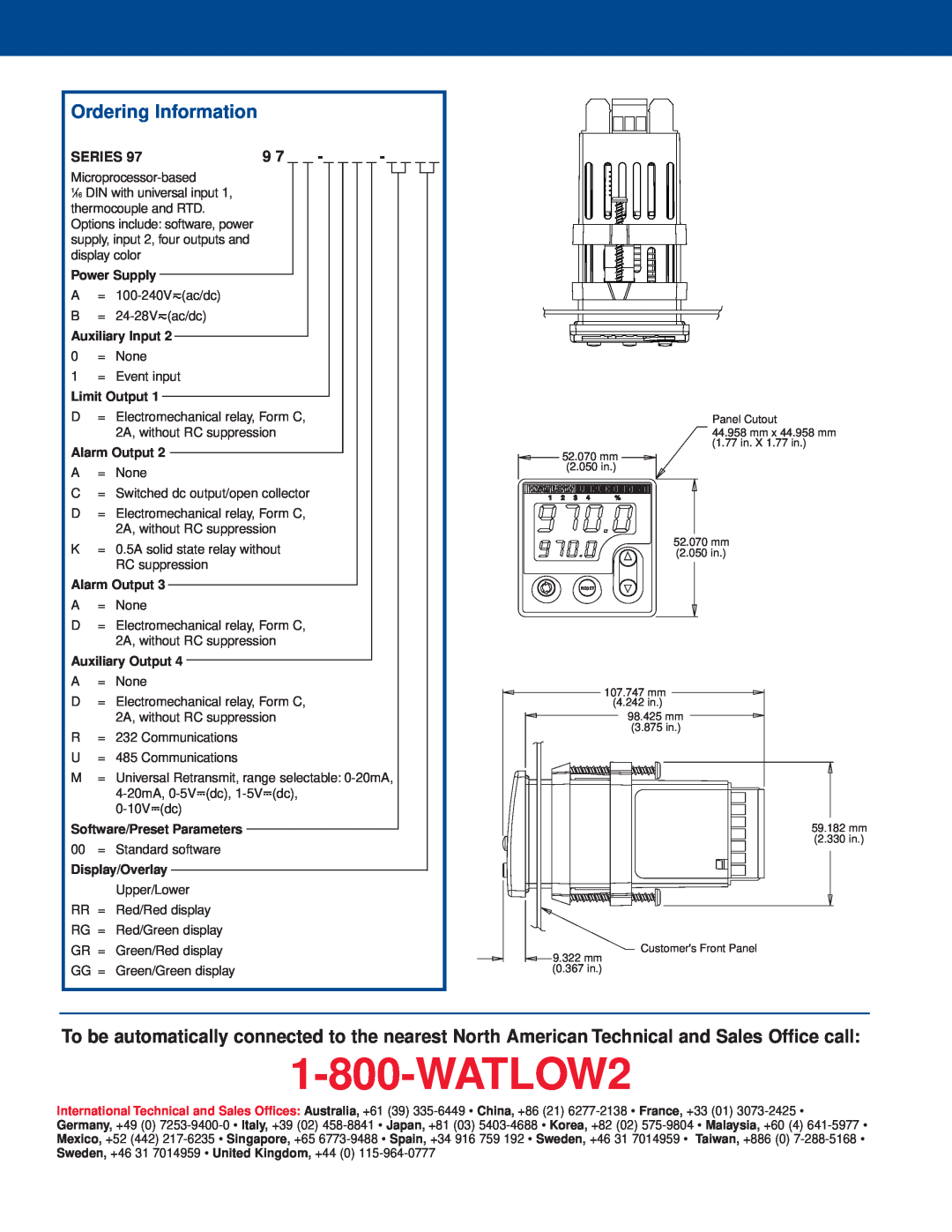 Watlow Electric Series 97 warranty Ordering Information, WATLOW2, Power Supply, Auxiliary Input, Limit Output, Alarm Output 