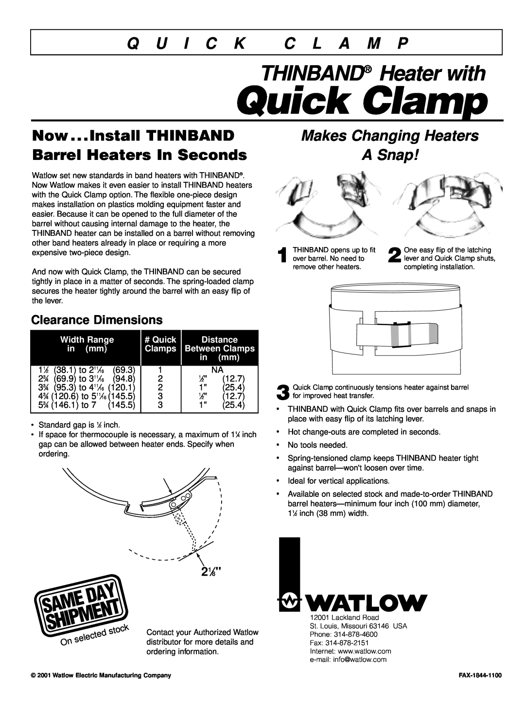 Watlow Electric Stock Heater dimensions Quick Clamp, THINBAND Heater with, Q U I C K C L A M P, Clearance Dimensions 