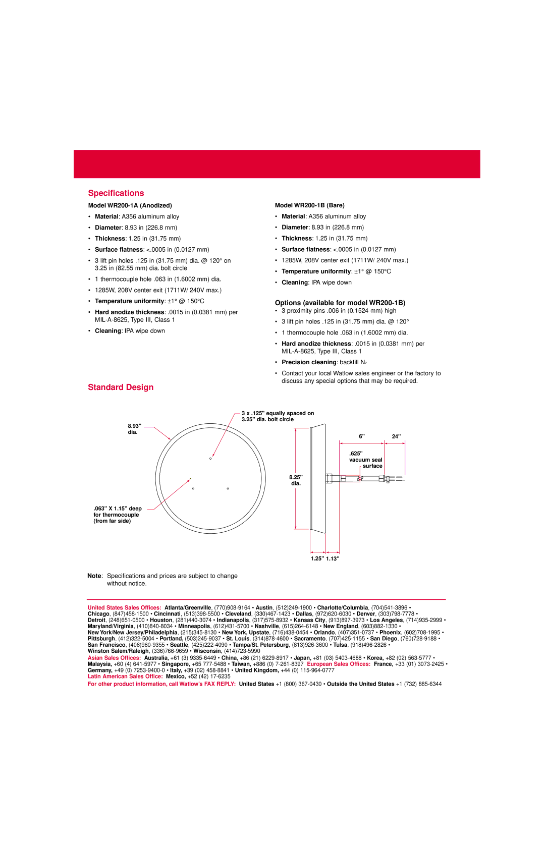 Watlow Electric WR200-1A, WR200-1B manual Speciﬁcations, Standard Design 