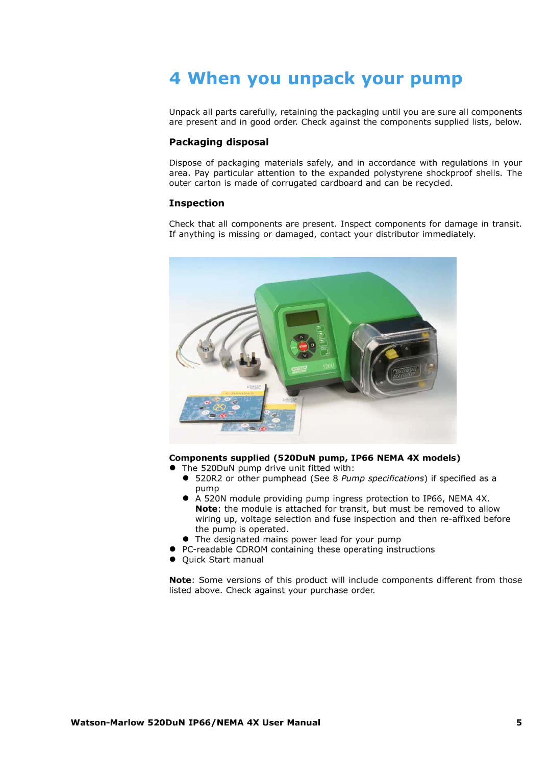 Watson & Sons 520DUN user manual When you unpack your pump, Packaging disposal, Inspection 