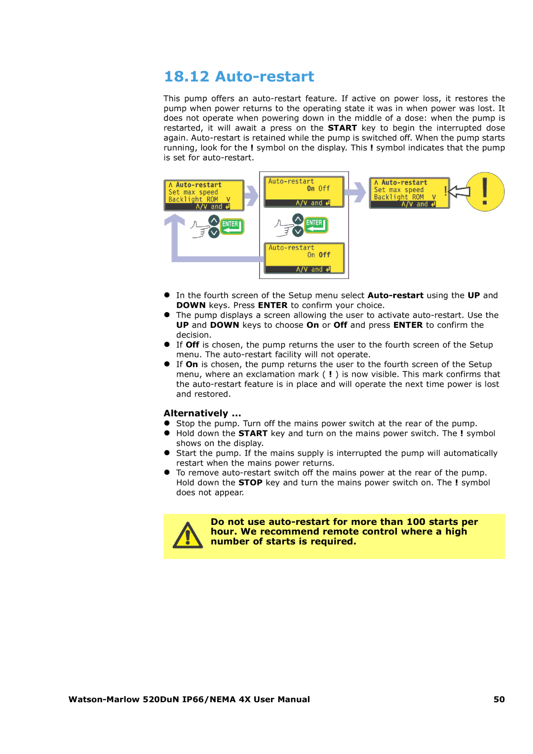 Watson & Sons 520DUN user manual Auto-restart 