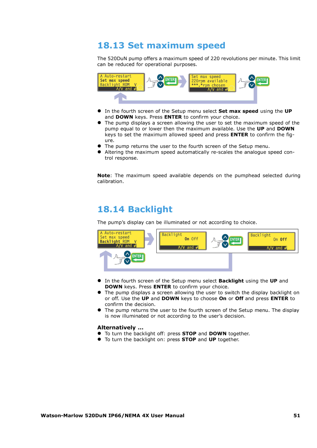 Watson & Sons 520DUN user manual Set maximum speed, Backlight 