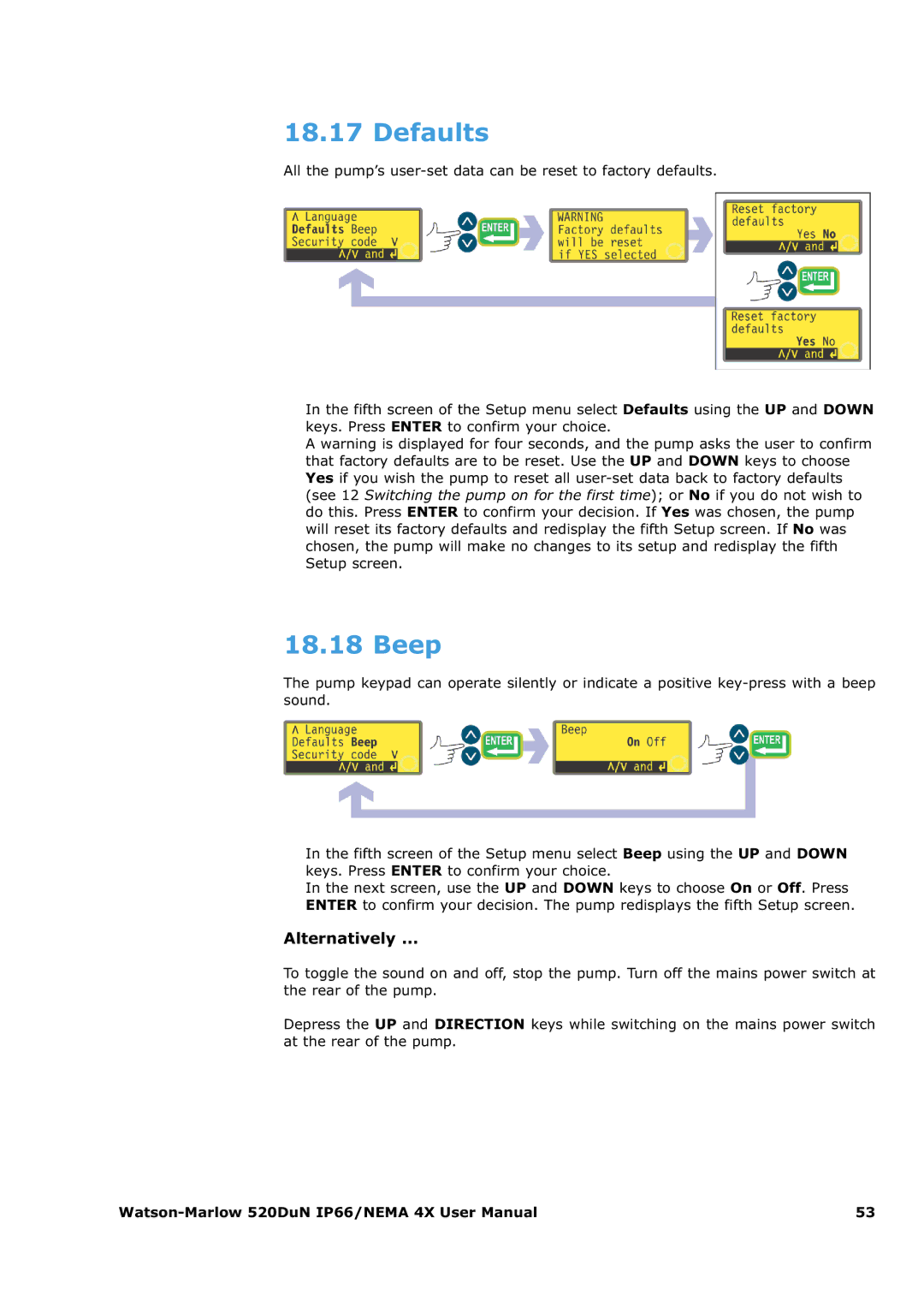 Watson & Sons 520DUN user manual Defaults, Beep 