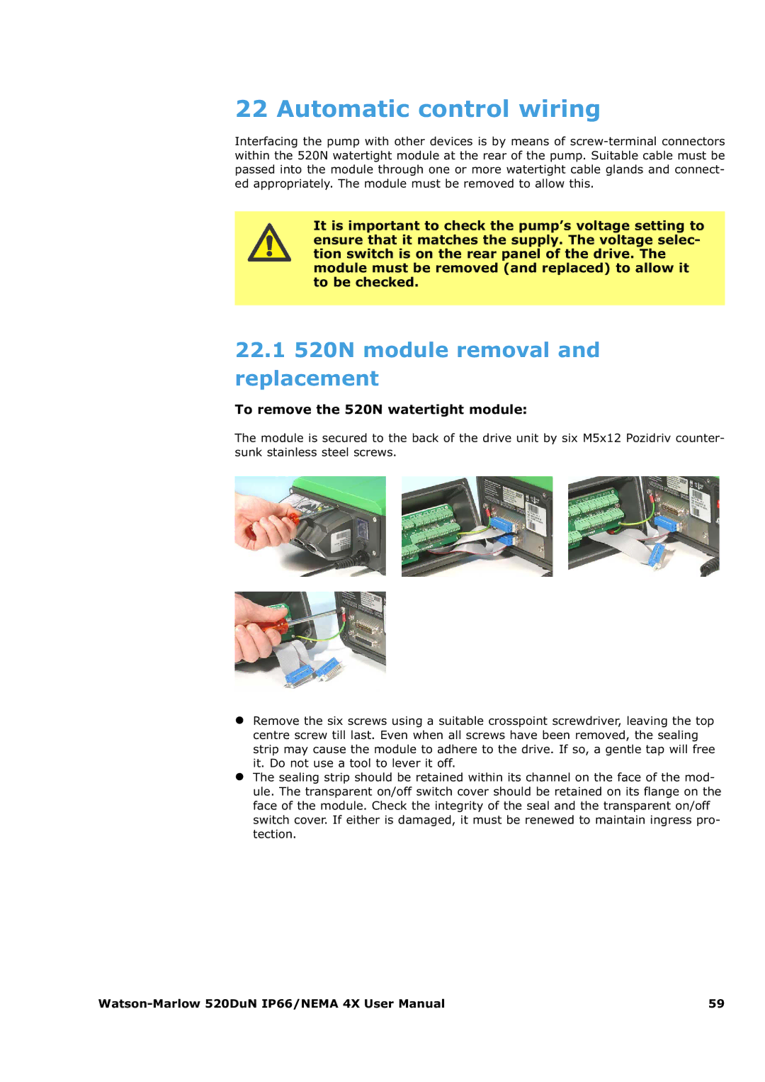 Watson & Sons 520DUN user manual Automatic control wiring, 22.1 520N module removal and replacement 