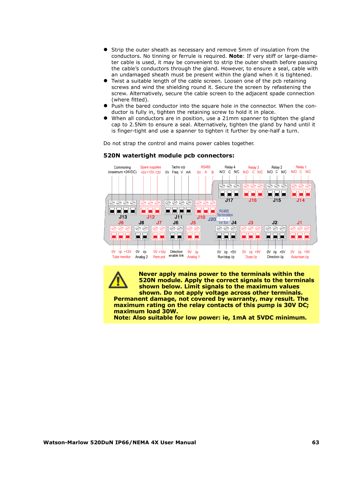 Watson & Sons 520DUN user manual Do not strap the control and mains power cables together 