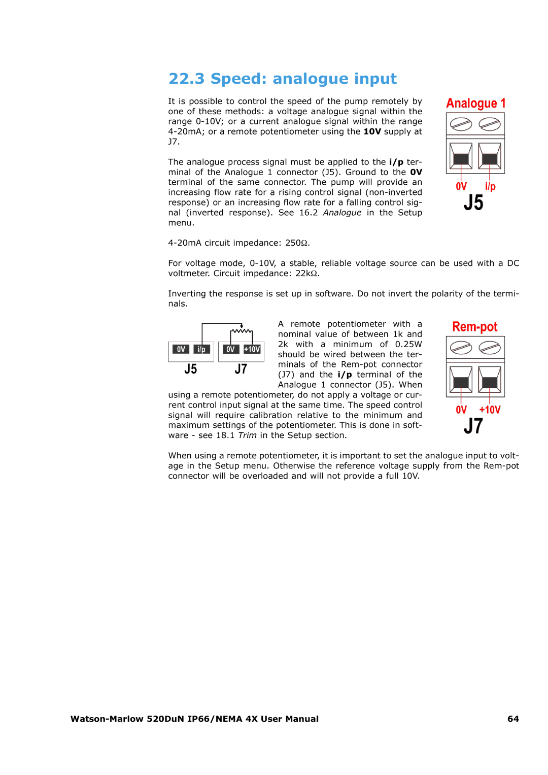 Watson & Sons 520DUN user manual Speed analogue input 