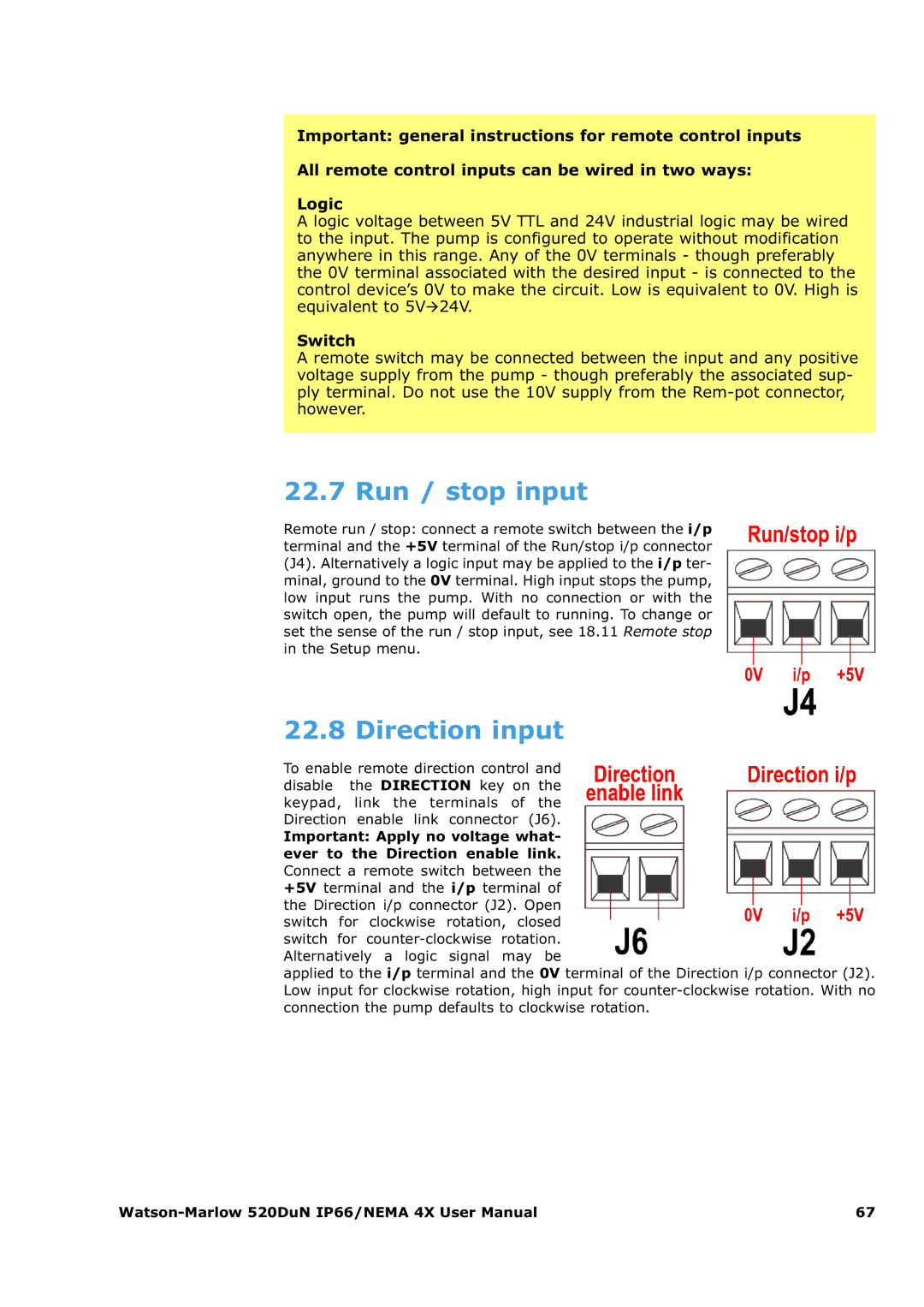 Watson & Sons 520DUN user manual Run / stop input, Direction input, Switch 