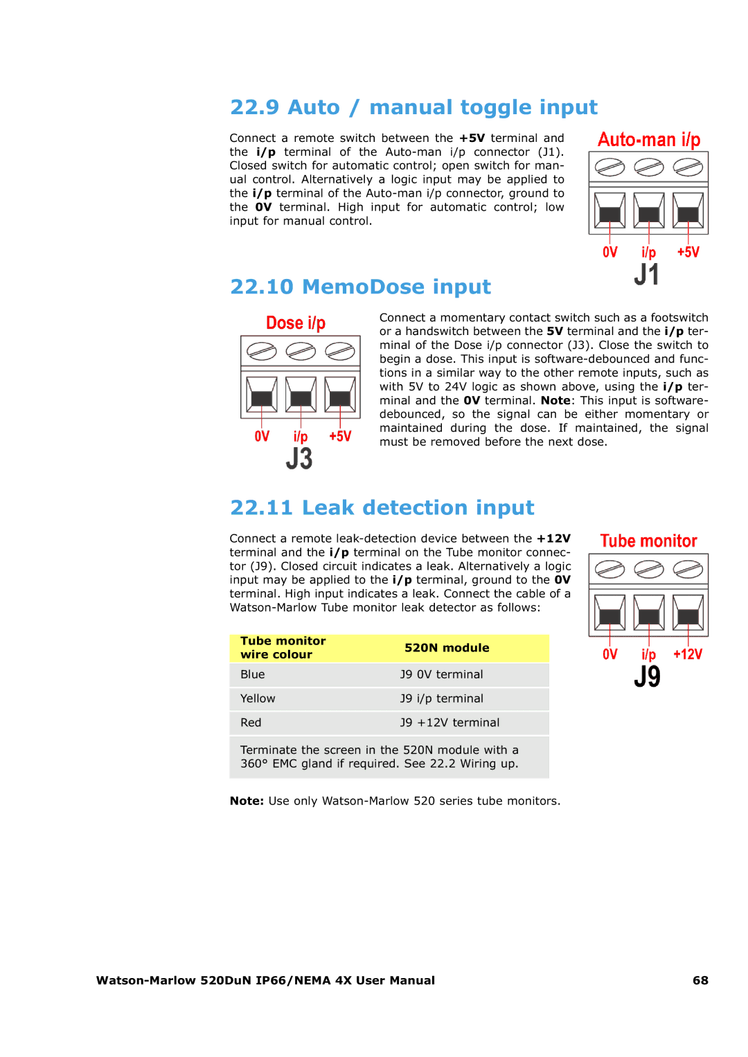 Watson & Sons 520DUN user manual Auto / manual toggle input, MemoDose input, Leak detection input 