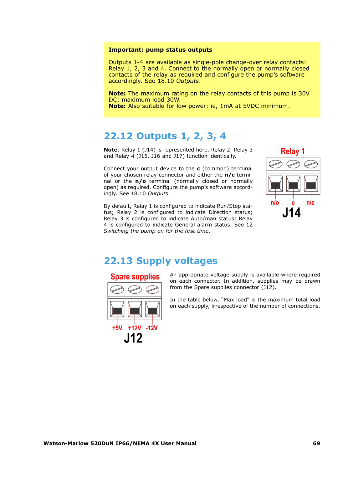 Watson & Sons 520DUN user manual Outputs 1, 2, 3, Supply voltages, Important pump status outputs 