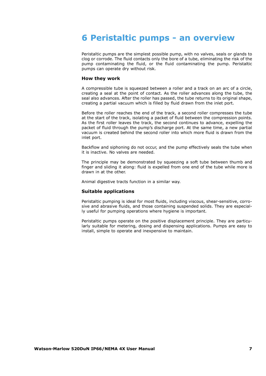 Watson & Sons 520DUN user manual Peristaltic pumps an overview, How they work, Suitable applications 