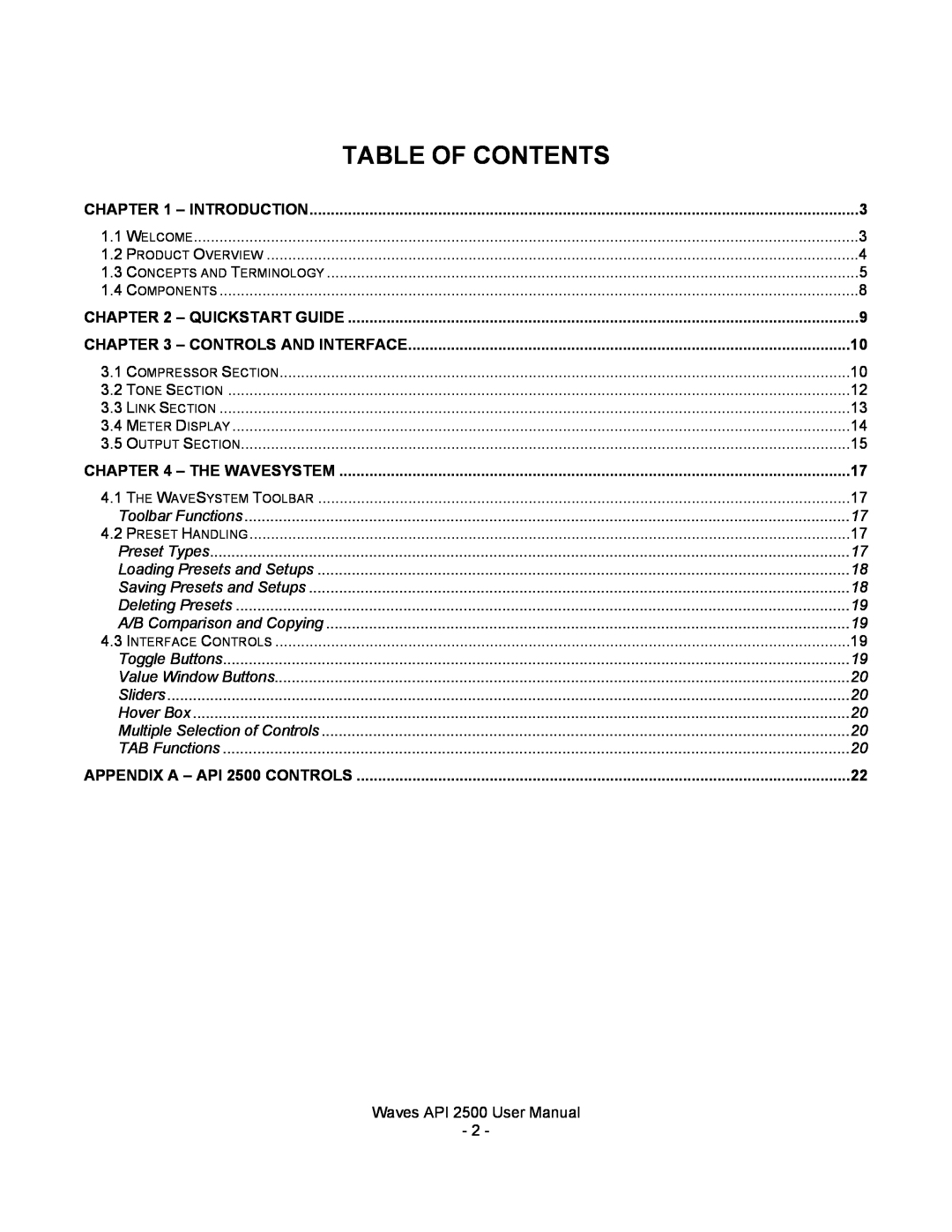 Waves 2500 user manual Table Of Contents 