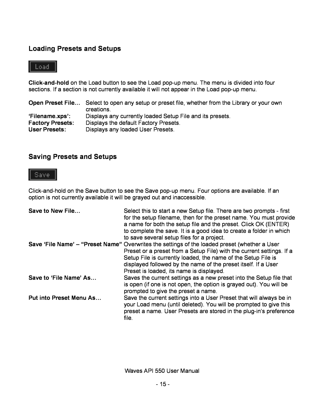 Waves API 550 user manual Loading Presets and Setups, Saving Presets and Setups, Save to New File…, Save to ‘File Name’ As… 
